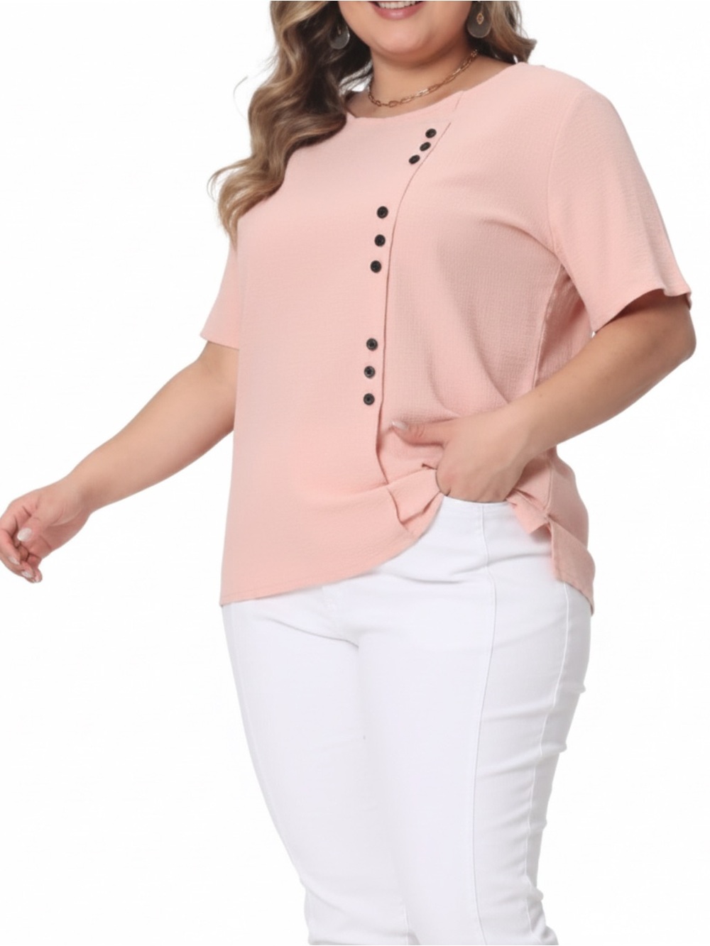 Pink Cotton Short-Sleeve Button Accent Top • NWT • 28" p2p, 27" length